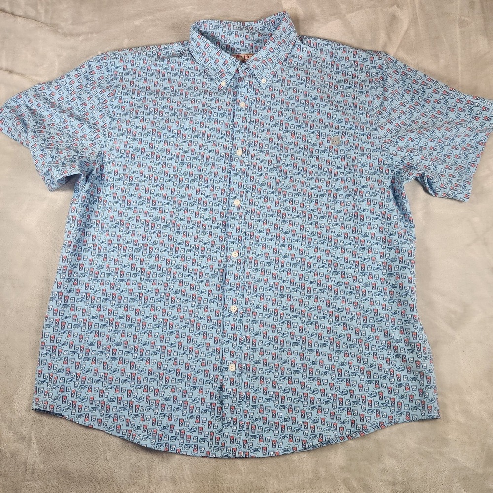 Huk Fishing Mens XXL Button Down Shirt Kona Dolphin Cocktail Short Sleeve